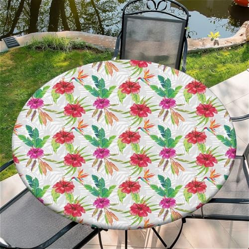 Outdoor Runde Tischdecke mit Gummizug Ø 36"(90cm) - Elastisch Garten tischdecke mit Rote Blumen Muster Passend für 75-85cm breite Tische von Generic