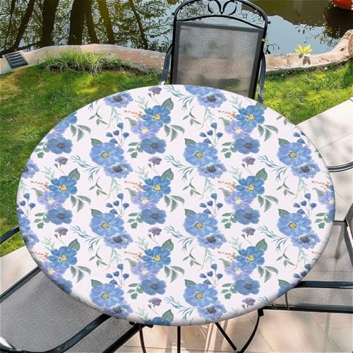 Outdoor Runde Tischdecke mit Gummizug Ø 36"(90cm) - Elastisch Garten tischdecke mit Blaue Blumen Passend für 75-85cm breite Tische von Generic