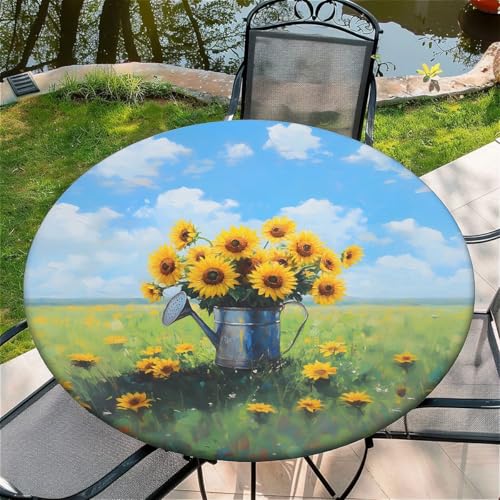 Outdoor Runde Tischdecke mit Gummizug Ø 36"(90cm) - Elastisch Garten tischdecke mit Wasserkocher Sonnenblumen Muster Passend für 75-85cm breite Tische von Generic