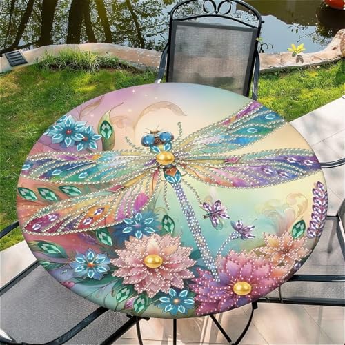 Outdoor Runde Tischdecke mit Gummizug Ø 36"(90cm) - Elastisch Garten tischdecke mit Ziegellibelle Muster Passend für 75-85cm breite Tische von Generic