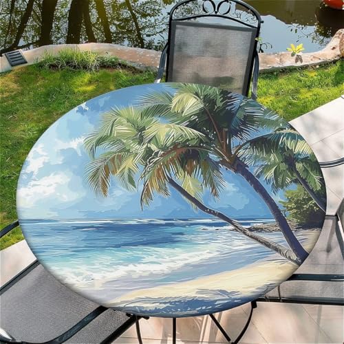 Outdoor Runde Tischdecke mit Gummizug Ø 36in（90cm） - Elastisch Garten tischdecke mit Palmenstrand Muster Passend für 75-85cm breite Tische von Generic