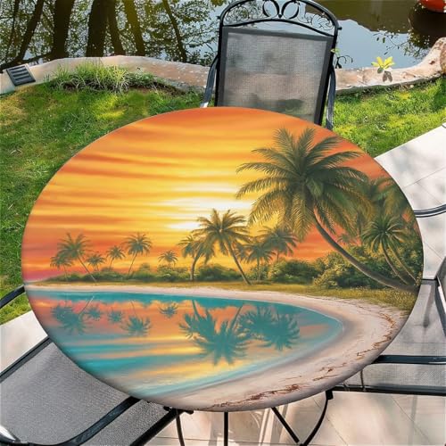 Outdoor Runde Tischdecke mit Gummizug Ø 36in（90cm） - Elastisch Garten tischdecke mit Strandlandschaft mit Sonnenuntergang Muster Passend für 75-85cm breite Tische von Generic