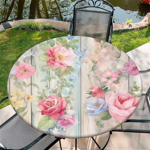 Outdoor Runde Tischdecke mit Gummizug Ø 44"(110cm) - Elastisch Garten tischdecke mit Aquarellrosen Muster Passend für 95-105cm breite Tische von Generic