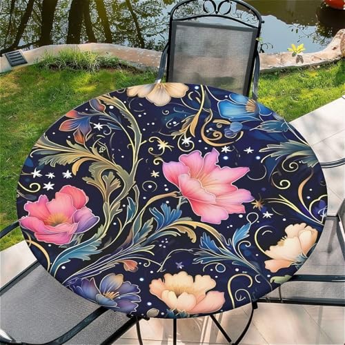 Outdoor Runde Tischdecke mit Gummizug Ø 44"(110cm) - Elastisch Garten tischdecke mit Dunkle Blumen Muster Passend für 95-105cm breite Tische von Generic