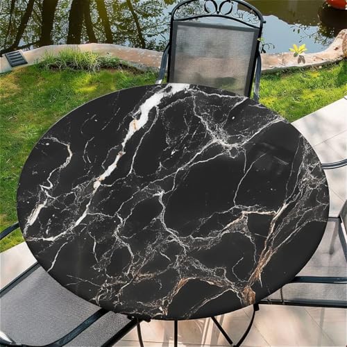 Outdoor Runde Tischdecke mit Gummizug Ø 44in(110cm) - Elastisch Garten tischdecke mit Schwarzer Marmor Passend für 95-105cm breite Tische von Generic