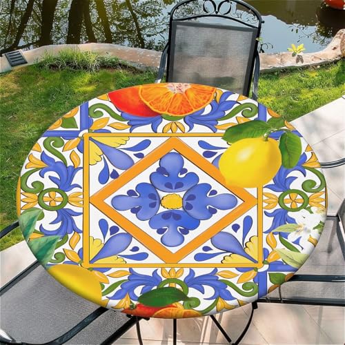 Outdoor Runde Tischdecke mit Gummizug Ø 44in(110cm) - Elastisch Garten tischdecke mit Sommerzitronen und Orangen Muster Passend für 95-105cm breite Tische von Generic