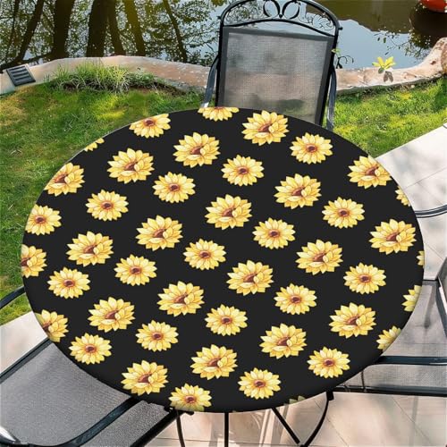 Outdoor Runde Tischdecke mit Gummizug Ø 44in(110cm) - Elastisch Garten tischdecke mit Sonnenblumen Sonnenblumen auf schwarz von Generic