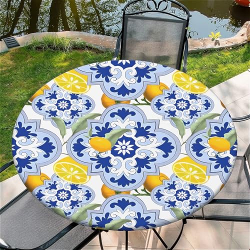 Outdoor Runde Tischdecke mit Gummizug Ø 44in(110cm) - Elastisch Garten tischdecke mit Zitronen-Retro-Stil Muster Passend für 95-105cm breite Tische von Generic