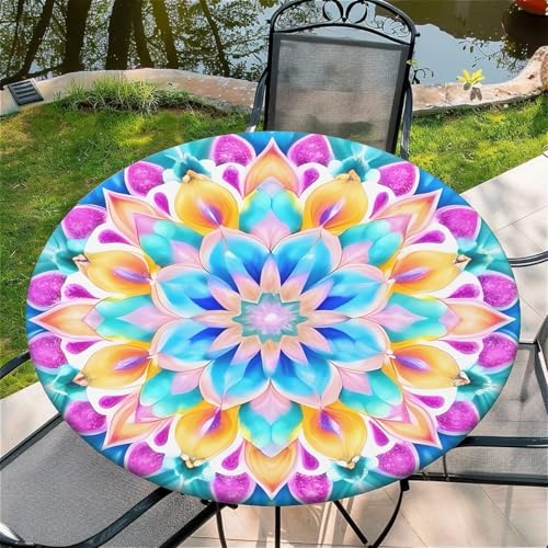 Outdoor Runde Tischdecke mit Gummizug Ø 48"(120cm) - Elastisch Garten tischdecke mit Blühendes Mandala Muster Passend für 105-115cm breite Tische von Generic
