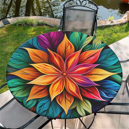 Outdoor Runde Tischdecke mit Gummizug Ø 52"(130cm) - Elastisch Garten tischdecke mit Bunte Blumen Muster von Generic