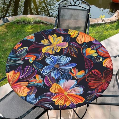 Outdoor Runde Tischdecke mit Gummizug Ø 52"(130cm) - Elastisch Garten tischdecke mit Hibiskusblüten Muster von Generic