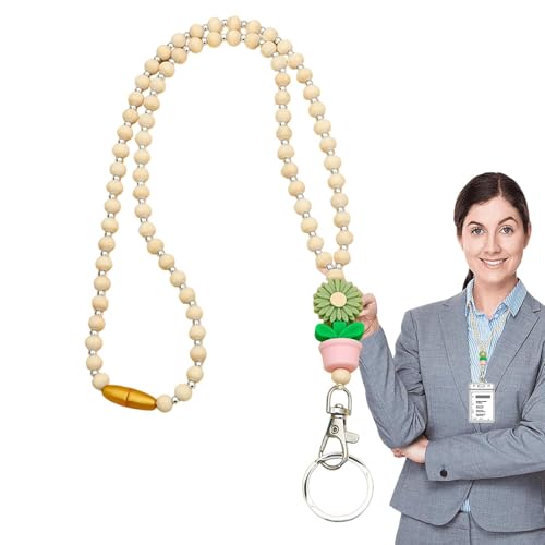 Perlen-Lanyards für Ausweise, Blumenholz und Perlen-Lanyards, niedliches modisches Boho-Blumen- und Holzperlen-Schlüsselband für Frauen, Studentenausweis von Generic