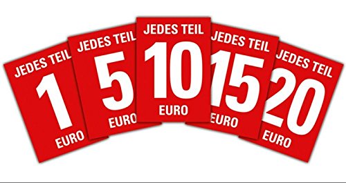 Preisschilder Je 5 Stück / 25 Stück Gesamt "Jedes Teil 1, 5, 10, 15, 20 Euro" DIN A4 / 21 x 29,7 cm für Räumungsverkauf/ohne Rahmen von Generic