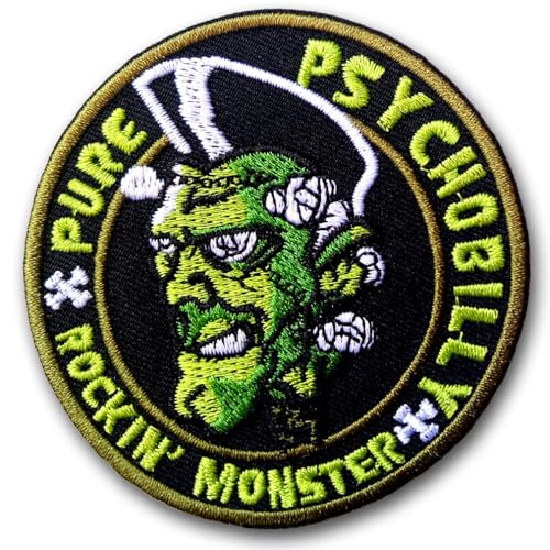 Psychobilly Rockabilly Monster Greaser Bestickter Aufnäher zum Aufbügeln, Punk Rock Heavy Metal Style, Tattoo Emblem, Schwarz Grün Gold, Kreisdesign, 7,6 cm Durchmesser Psychobilly Rockabilly Monster Greaser Bestickter Aufnäher zum Aufbügeln, Punk Rock Heavy Metal Style, Tattoo Emblem, Schwarz Grün Gold, Kreisdesign, 7,6 cm Durchmesser von Generic