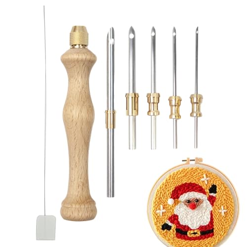 Punch Needle Kit?Einstellbare Punch Pen Stickwerkzeug, 5 austauschbare Nadeln (5/3.5/2.5/2/1.6mm) | Holzgriff Häkelwerkzeug für Stickerei Zahnseide, Nadeleinfädler für Anfänger von Generic