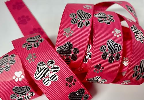 Ripsband – Schockierendes rosa Band mit schwarzen und silberfarbenen Folienpfotenabdrücken – 2,2 cm breit – 4,5 m – für Haarschleifen, Haustierhandwerk und Nähen, Polyester-Ripsband von Generic