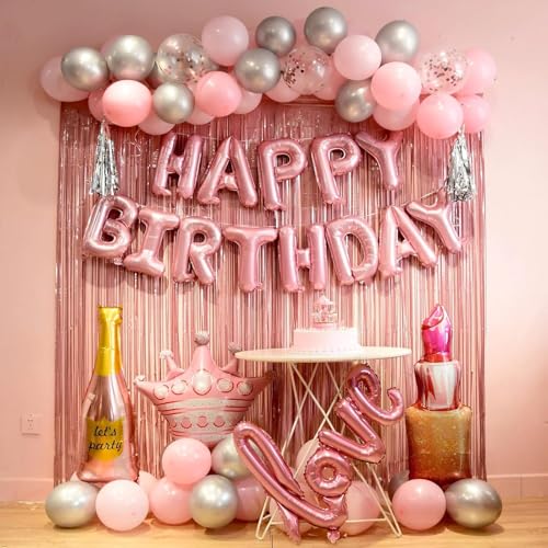 Rosa Geburtstagsdekorationen für Frauen, Mädchen, rosa Fransenvorhang, Happy Birthday-Banner, Luftballons, Ballon-Buchstaben (Rosa) von Generic