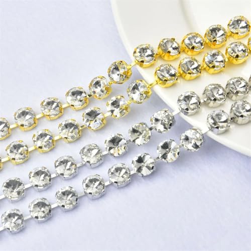 Runde Glaskette, Strasssteine, Kupfer-Metall, Kristallbesatz, Schuhe, DIY-Dekoration, 10 mm, Kristall, 1 m, Goldklaue von Generic