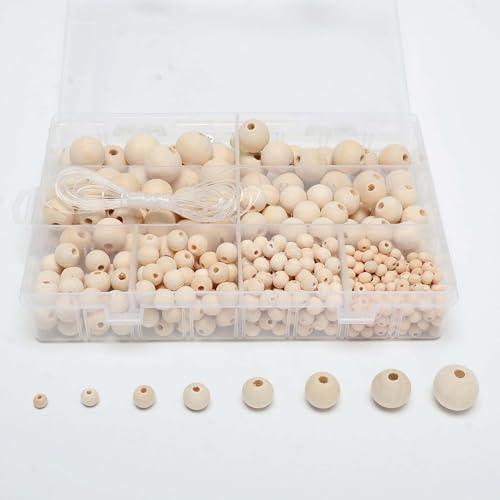 SHVILI 485 Stück Holzperlen mit Loch 6mm bis 20mm, kleine und große Holz perlen, Bastelset für DIY Schmuck oder Deko von Generic