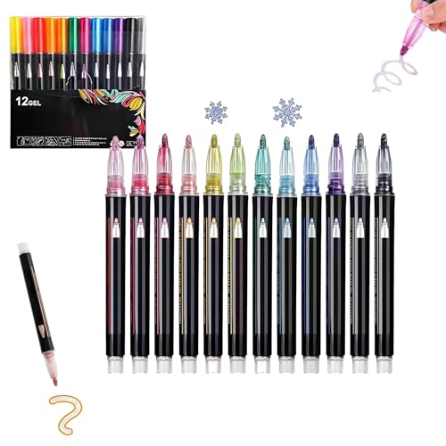 Sakesfor/Objectivew/Neattidyly Magische Stifte, Peliaral Marker Pen for Highlight, Double Line Quick Dry Graffiti Pens, Metallic Squiggles Outline Glitter Markers(12pcs) von Generic
