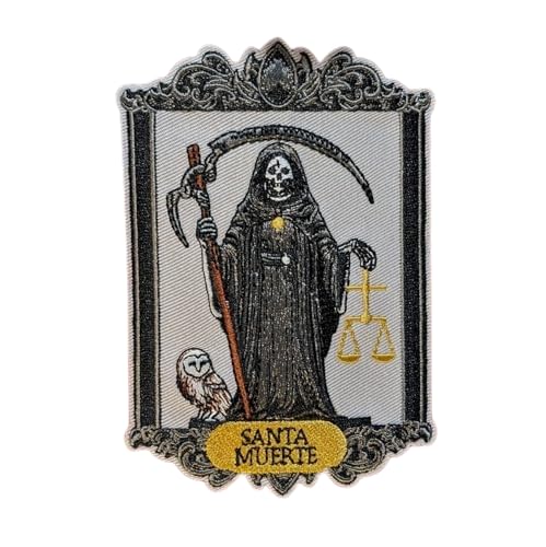 Santa Muerte Patch Folk Saint Our Lady of Holy Death Nuestra Señora de la Santa Muerte Sensenmann spiritueller Schutz Liebe Wohlstand Gute Gesundheit Glücksheilung bestickt zum Aufbügeln, 12,7 x 8,9 von Generic