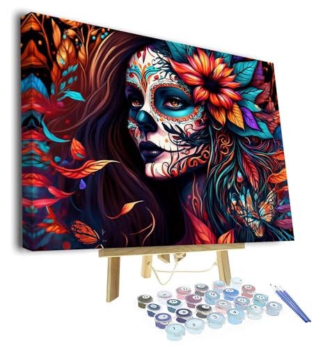 Schädel Mädchen DIY Malen nach Zahlen Erwachsene Tag der Toten Acrylmalerei nach Zahlen Kits mit Pinseln Leinwand Geschenke Blumen Kunsthandwerk für Zuhause 40 x 50 cm(Rahmen) von Generic