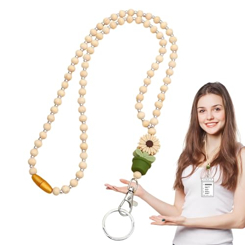Schlüsselband für Lehrer mit Ausweishalter, Kordeln aus Holzperlen für Damen | Schlüsselband mit geprägten Blumen aus Holz für Schlüssel, niedliche modische Boho Schlüsselbänder mit Blumen und Schlüsselband für Lehrer mit Ausweishalter, Kordeln aus Holzperlen für Damen | Schlüsselband mit geprägten Blumen aus Holz für Schlüssel, niedliche modische Boho Schlüsselbänder mit Blumen und von Generic