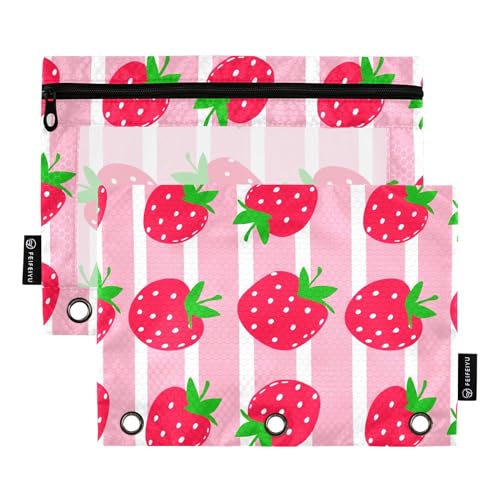 Schüler-Federmäppchen, 3-Ringbuch, Stiftebeutel, Reißverschluss, niedlich, für die Schule, transparente Ordner, Taschen, niedliche rote Erdbeeren, rosa Streifen, 24,9 x 18 cm, 2 Packungen Schüler-Federmäppchen, 3-Ringbuch, Stiftebeutel, Reißverschluss, niedlich, für die Schule, transparente Ordner, Taschen, niedliche rote Erdbeeren, rosa Streifen, 24,9 x 18 cm, 2 Packungen von Generic