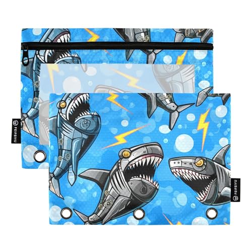 Schüler-Federmäppchen mit 3 Ringen, Reißverschluss, Binder, Bleistifte, Taschen, niedliche Schulbinder, transparente Taschen, Cartoon-Roboterhaie, Blau, 24,9 x 18 cm, 2 Packungen von Generic