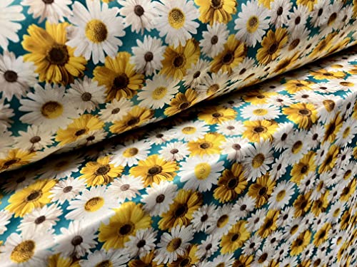 Scuba Neopren-Stretch-Jerseystoff, Meterware, Gerbera-Gänseblümchen-Druck, Türkis, Gelb und Weiß Scuba Neopren-Stretch-Jerseystoff, Meterware, Gerbera-Gänseblümchen-Druck, Türkis, Gelb und Weiß von Generic