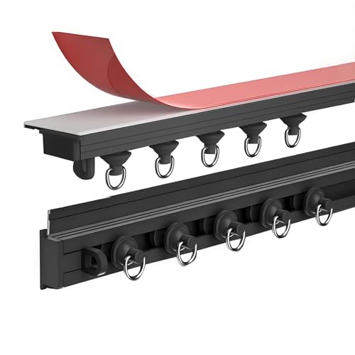 Selbstklebende Vorhangschiene, Wandmontage/Deckenmontage,Ohne Bohren Gardinenschiene Aus Aluminiumlegierung Für Erkerfenster, Raumteiler, Wohnzimmer, Badezimmerdusche(Black,1.2m) von Generic