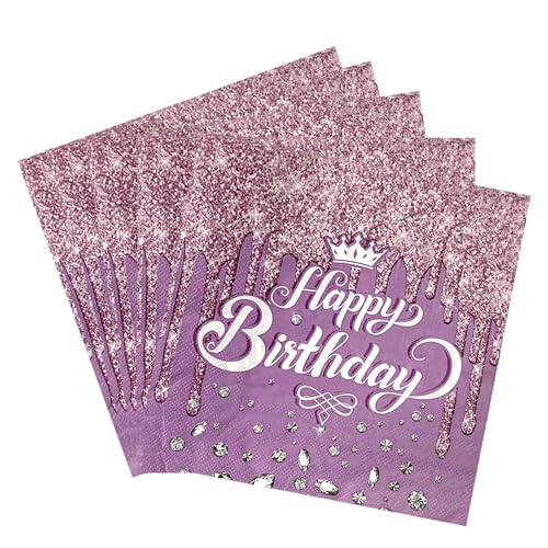Happy Birthday Servietten, 40 Stück Lila Diamant Geburtstag Deko, 33x33 cm Tischdeko für Mädchen Party (Lila) von Generic