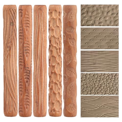 Set mit 5 Tonmuster-Walzen mit Blatt, Fisch, Holzmaserung, Kopfsteinpflaster, Wellendesign, Holzhandwerkzeuge zum Basteln von Generic