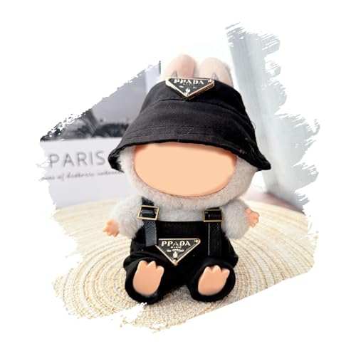 Seventh Girl Puppenkleidung 2-teiliges Outfit für Labubu (ohne Puppe) | Fashion Kleidung Set für 17cm Puppe | Bucket Hat + Overall | Kompatibel mit Have a Seat / Macaron Series (Schwarz) von Generic
