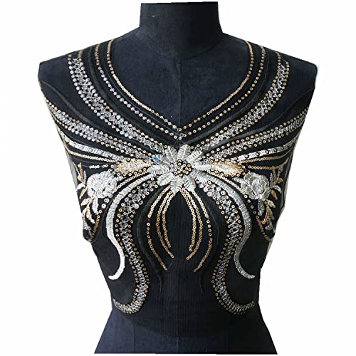 Silber Gold Pailletten Patches Quaste Schwarz Spitze Stoff Blume Stoff V-Kragen bestickte Kleid Applikationen Nähen Patch für Hochzeit Braut Dekoration Kleid DIY (Stil 2), Elfenbein, Gold, Silber von Generic