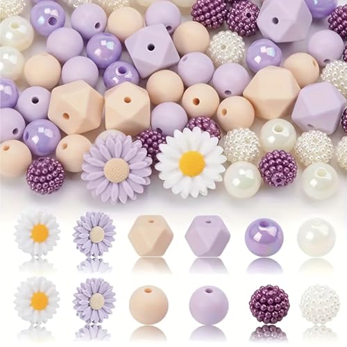Silikon-Perlen-Set, 70 Stück, Gänseblümchen-Strassperlen zum Basteln, Schlüsselanhänger, Armband, Halskette, Schmuckherstellung (lila) von Generic