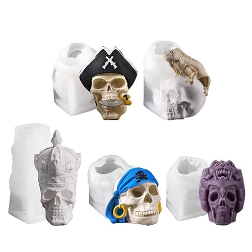 Silikonform Halloween Piraten Totenkopf, 4 Stück Silikonformen Gießformen Halloween Piraten Totenkopf Gießformen Silikon Gipsformen zum Gießen Gießform Skelett für Bastelarbeiten, Gips (A) von Generic