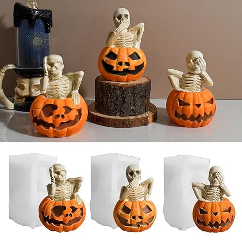 Silikonformen Gießformen Halloween, 3D Silikonform Kürbis Skelett Gießformen Silikon Halloween Gipsformen zum Gießen Gießform Kürbis Skelett Kerzenformen Silikon für Helloween Deko (A) von Generic