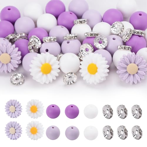 Silikonperlen Gänseblümchen, 15 mm, Glas-Strass, Abstandshalter, lose Gummiperlen für Bastelarbeiten, Armbänder, Schlüsselanhänger, 79 Stück (lila) von Generic
