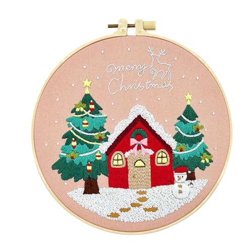 Stickerei Kit Weihnachten, Weihnachten Stickerei Kit für Erwachsene - Urlaub Stickerei Kit für Winter Schnee Bühne Muster,Stick-Set Frohe Weihnachten Blockhaus Elch Santa Nadel Spitze Set für von Generic