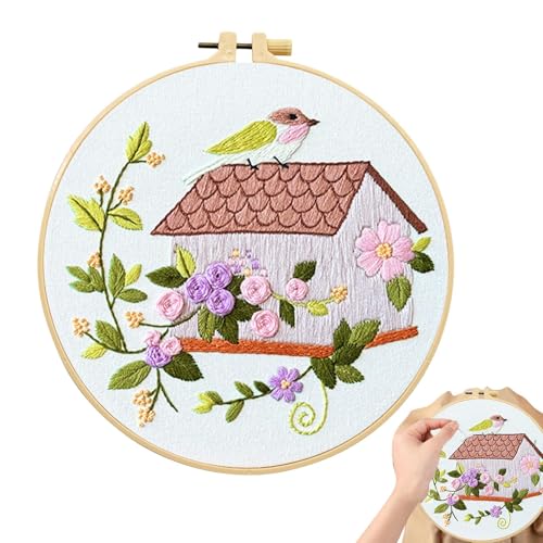 Stickereipaket für Anfänger - Erwachsener-Stickset, Kreatives Stickpaket, Nettes Haus- und Vogelübungspaket, Handwerk-Set, perfekt zur Verbesserung der Stickfähigkeiten, Stickkun von Generic