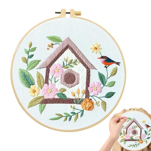 Stickereipaket für Anfänger - Erwachsener-Stickset, Kreatives Stickpaket, Nettes Haus- und Vogelübungspaket, Handwerk-Set, perfekt zur Verbesserung der Stickfähigkeiten, Stickkun von Generic