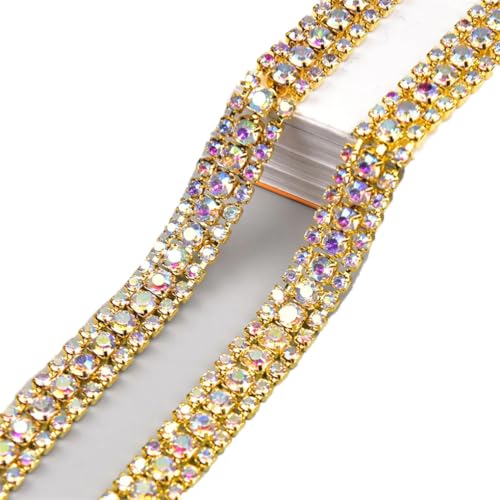 Strass-Kette, buntes Glas-Kristall-Band, zum Aufnähen, Hochzeitskleid, Kleidung, 9 mm breit, 3 Reihen, Gold, ab 2 Meter von Generic