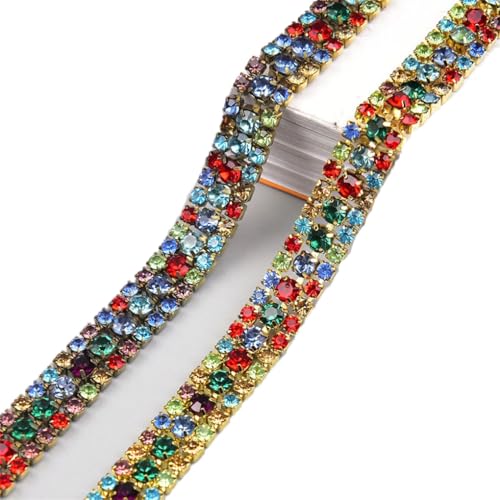 Strass-Kette, buntes Glas-Kristall-Band, zum Aufnähen, Hochzeitskleid, Kleidung, 9 mm breit, 3 Reihen, Gold-Mix, 2 Meter von Generic