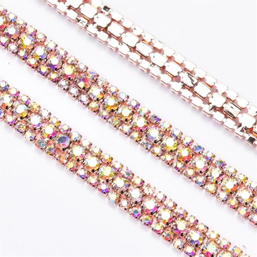 Strass-Kette, buntes Glas-Kristall-Band, zum Aufnähen, Hochzeitskleid, Kleidung, 9 mm breit, 3 Reihen, Rotgold, ab 91 cm von Generic