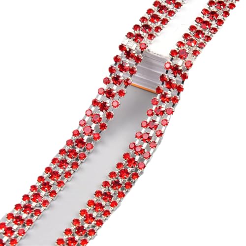 Strass-Kette, buntes Glas-Kristall-Band, zum Aufnähen, Hochzeitskleid, Kleidung, 9 mm breit, 3 Reihen, silber-rot, 4,5 m von Generic