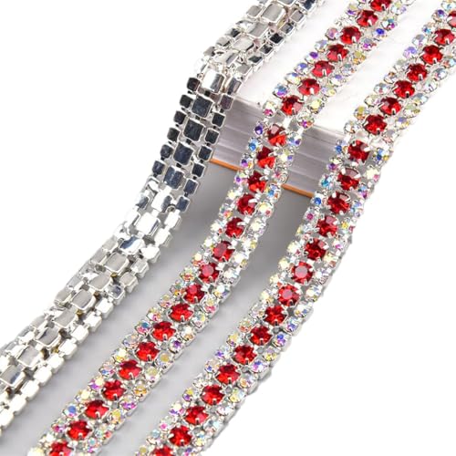 Strass-Kette, buntes Glas-Kristall-Band, zum Aufnähen, Hochzeitskleid, Kleidung, 9 mm breit, 3 Reihen, silber-rot, ab 4,5 m Strass-Kette, buntes Glas-Kristall-Band, zum Aufnähen, Hochzeitskleid, Kleidung, 9 mm breit, 3 Reihen, silber-rot, ab 4,5 m von Generic