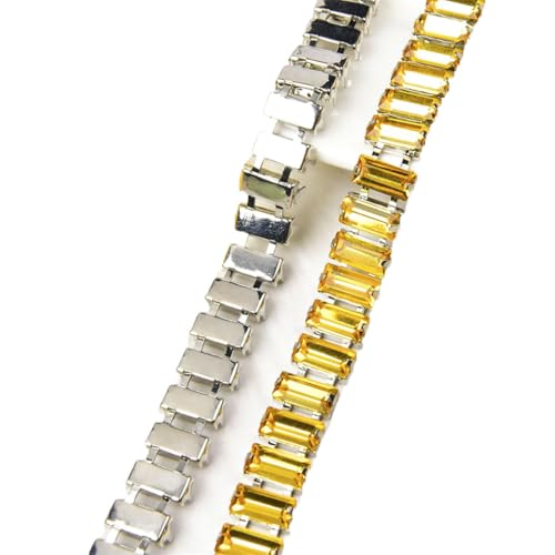 Strass-Kette zum Aufnähen, rechteckig, Glaskristallverzierung, Metallkette, Bekleidungszubehör, 5 x 10 mm, helles Topas, Silber, 4,5 m von Generic