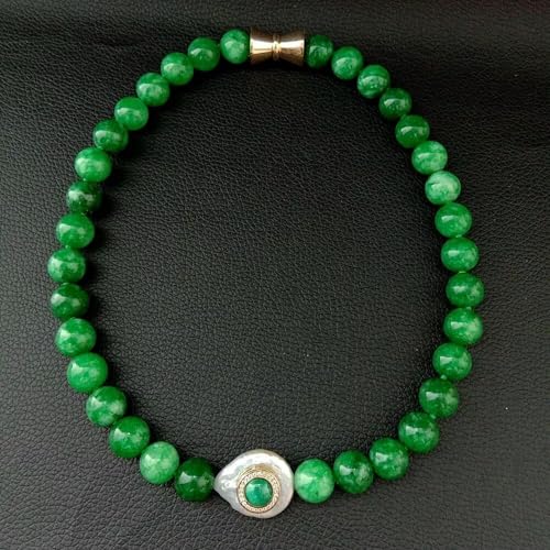 Süßwasser-Zuchtperlen-Halskette mit grünem Jade-Zirkon-Pavé und Malachit, 45,7 cm Süßwasser-Zuchtperlen-Halskette mit grünem Jade-Zirkon-Pavé und Malachit, 45,7 cm von Generic