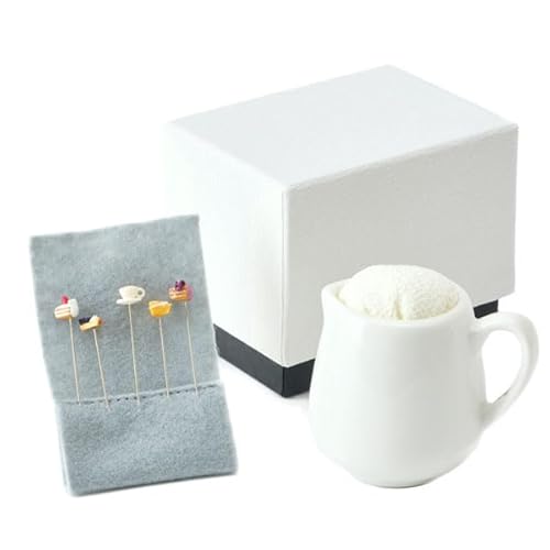 Tea Time Nadelkissen-Set, handgefertigtes japanisches Nähset mit 5 dekorativen Nadeln, traditioneller Chirimen-Stoff in Holzschale, Nähwerkzeuge von Generic